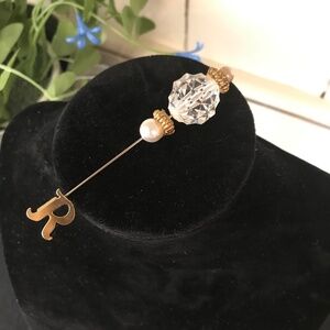 Vintage Monogram "R" Stick / Hat Pin - Crystal & Pearl Top